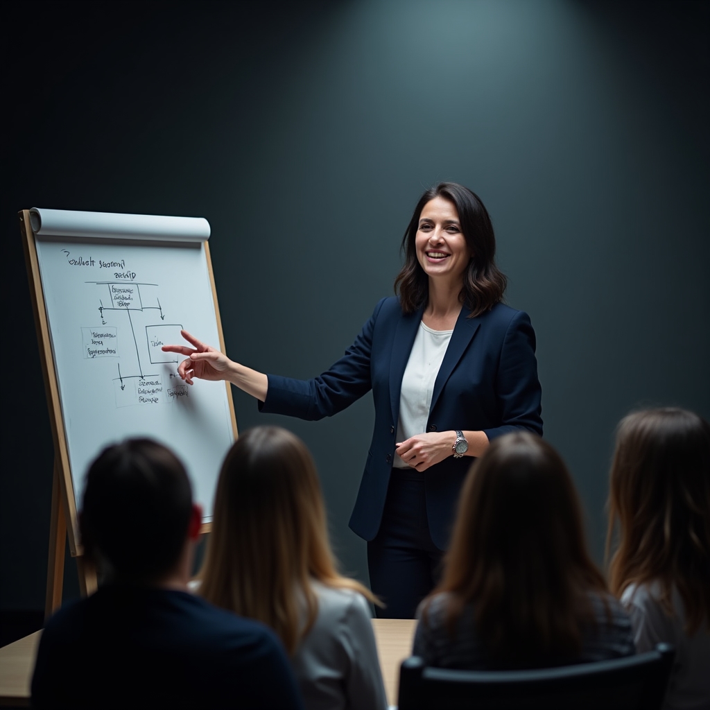 Facilitator explaining financial concepts to a small group of young adults