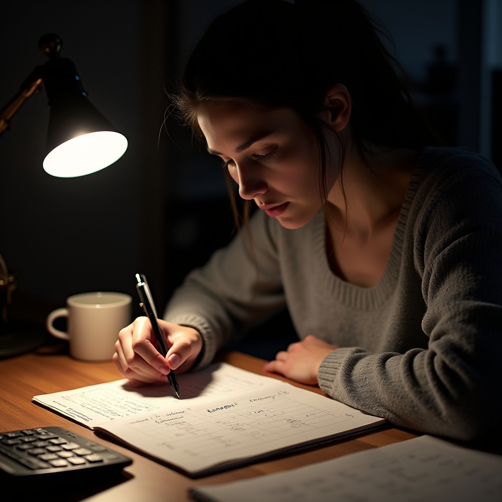 Young person reviewing budget and expenses on a notebook